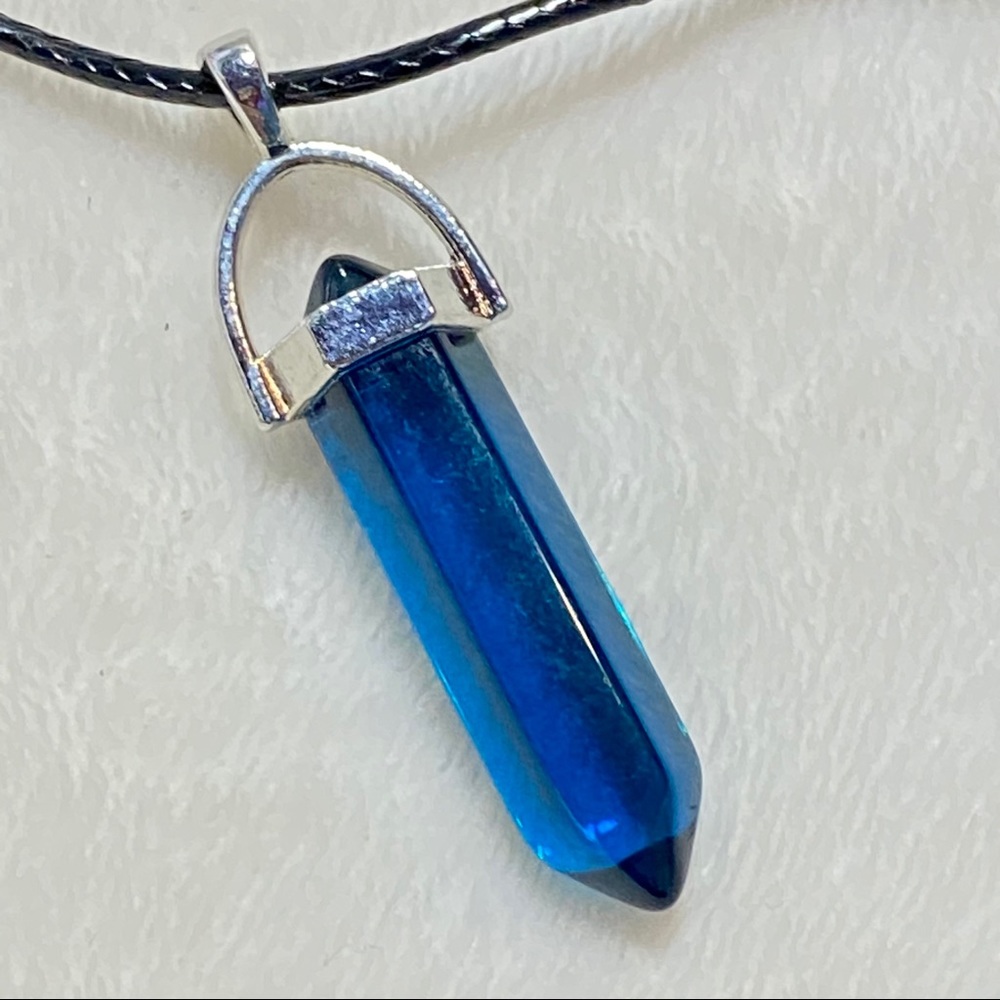 Blue Glass Crystal Necklace Leather Silver 16”